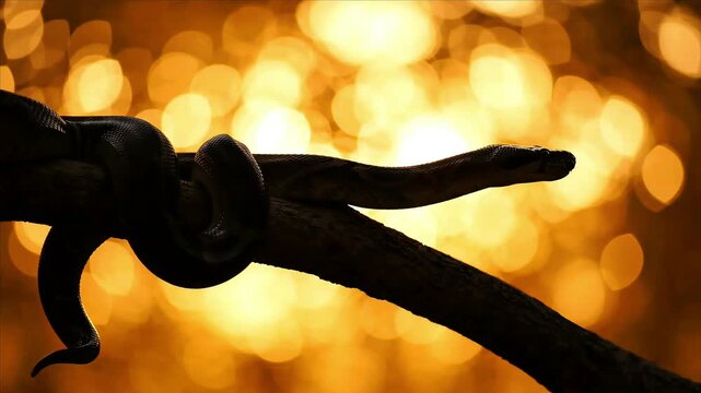 Close up silhouette shot of snake slithering calm and gentle on tree branch with warm golden sunset bokeh lights in dark background. 