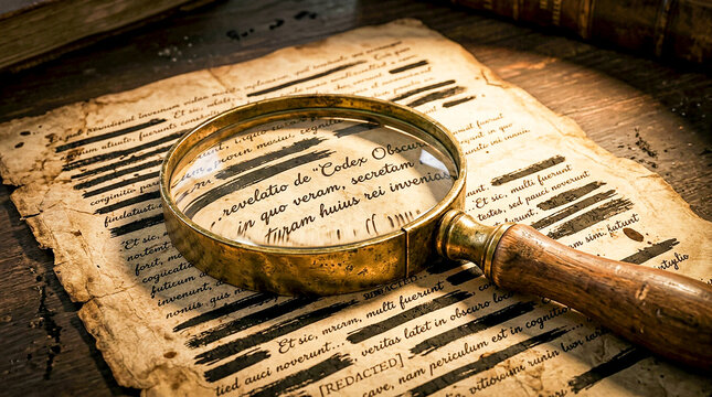 Vintage magnifying glass on ancient manuscript with redacted latin text under dramatic light historical investigation secret document research analysis