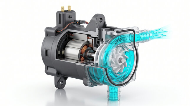 Automotive Electric Water Pump Cutaway with Coolant Flow