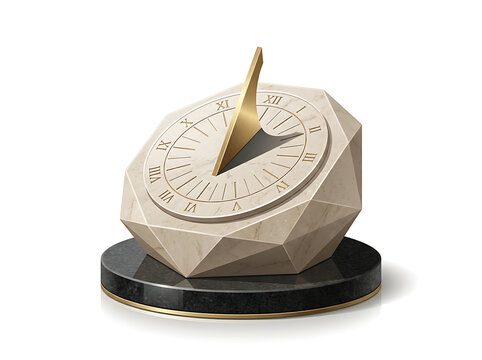 Decorative stone sundial desk ornament with golden gnomon isolated on