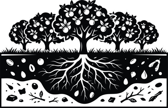 Apple orchard trees with deep root system underground view