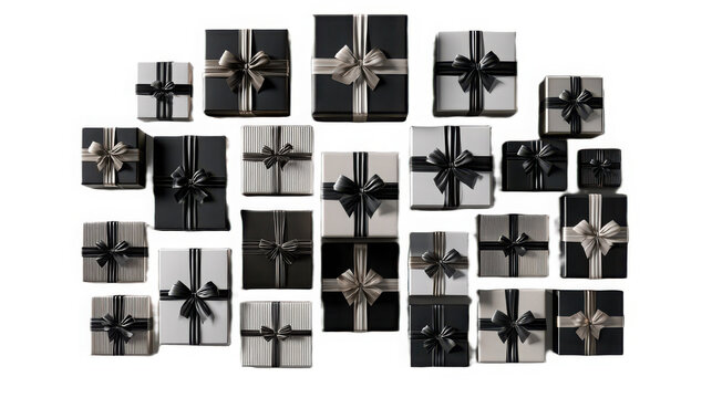 Assortment of black and white gift boxes with ribbons on a white background