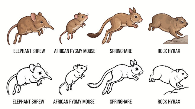 Educational Illustration Featuring Various African Rodents and Small Mammals in Colorful and Line Art Styles for Biological Study