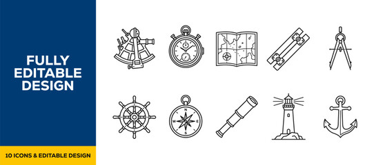 Vintage maritime navigation and sailing vessel line icon set featuring tall ship sailing boat sextant nautical chart telescope and lighthouse vector icons © Tonima Aktar