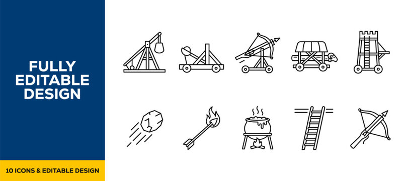 Medieval siege weapons and ancient warfare line icon set featuring catapult trebuchet ballista battering ram siege tower and crossbow vector icons