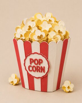Popcorn bucket created from layered folded paper sheets, forming striped container contours and fluffy popcorn geometry with dimensional repetition, featuring red, white, buttery yellow, cream gradien