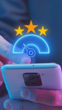 Businessman hands holding smartphone vertical shot with glowing performance gauge meter and rating stars. Customer satisfaction review score, service evaluation feedback, and benchmark idea concept.