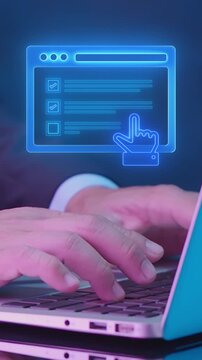 Close-up vertical shot of hands typing laptop keyboard with glowing internet browser window and click cursor. Web portal navigation, digital software interaction, and online platform system concept.