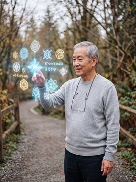 Elderly East Asian Man Deciphering Glowing Alien Symbols