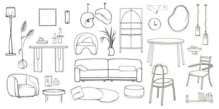 Modern Furniture Line Art Collection, Hand Drawn Interior Design Elements Isolated on White