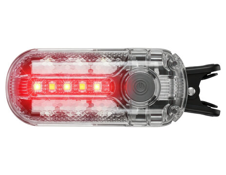 Red LED bicycle tail light with mounting clip on a transparent backdrop