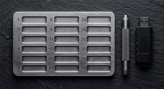 Metal Crypto Seed Phrase Storage Plate with Engraving Punch Tool and USB Hardware Wallet on Black Slate