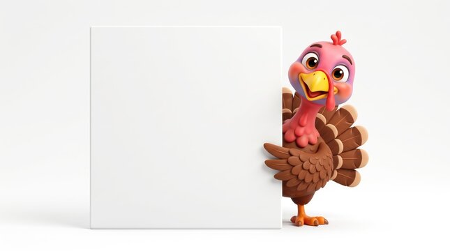 Cartoon turkey peeking from behind a white blank space on a light background