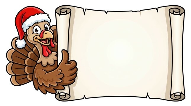 Festive cartoon turkey wearing a santa hat giving a thumbs up next to a blank scroll