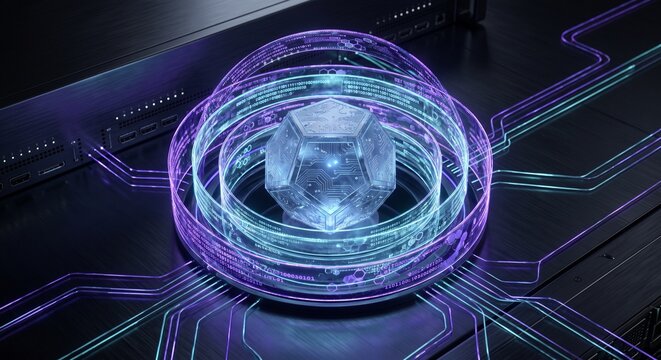 Futuristic quantum computer core with glowing crystal energy sphere and circular circuit rings on motherboard