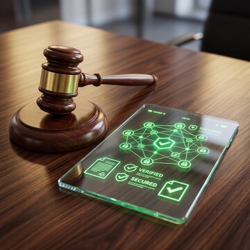 Wooden judge gavel on wooden desk with futuristic transparent tablet displaying smart contract blockchain security interface