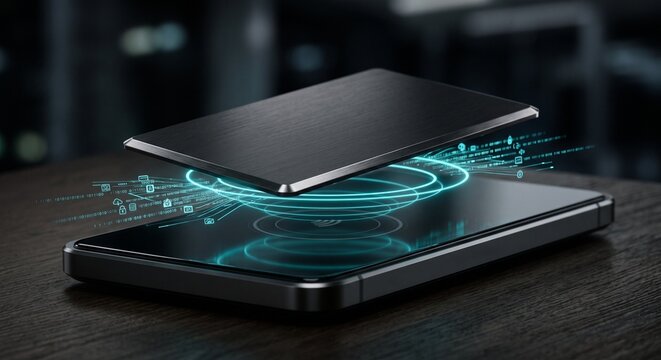 Smartphone wireless charging with glowing induction energy field on wireless charger pad