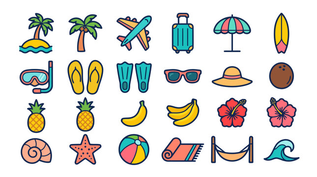 Beach Vacation Summer Travel Umbrella Surfboard and Tropical Sticker Bundle