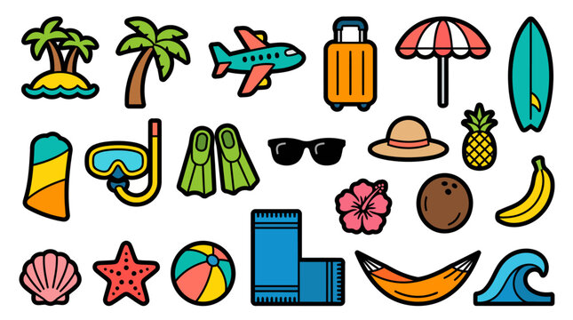 Beach Vacation Summer Travel Umbrella Surfboard and Tropical Sticker Bundle