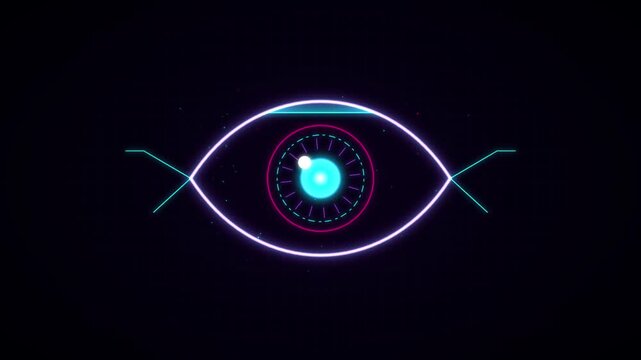 Neon digital eyes with scanning interfaces on dark background