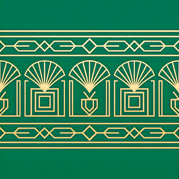 Art deco geometric seamless border pattern with golden lines on green