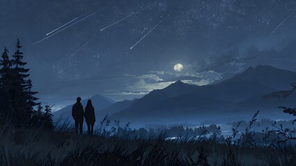 Fototapeta premium Romantic couple gazes at a star-filled sky and meteor streaking above peaceful mountain peaks at night.