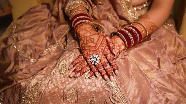 Indian bride with henna decorated hands wearing traditional bangles in Delhi