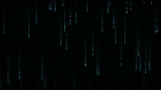 Blue digital data rain falling on black background