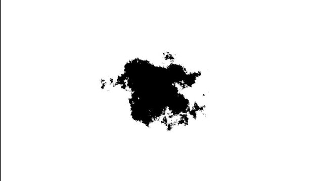 Black paint splash expanding over white paper, fine watercolor droplets scattering outward with fluid ink particles, abstract brush texture and artistic transition overlay in close up view