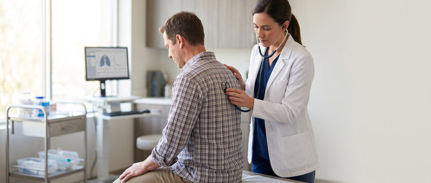 Pulmonologist examines adult patient&rsquo;s breathing with stethoscope, supporting lung health, respiratory assessment, diagnosis, preventive healthcare and professional pulmonary care.