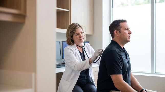 Pulmonologist examining patient breathing with stethoscope