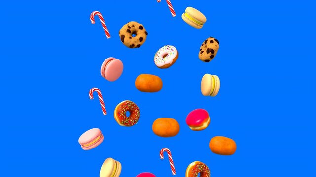 Colorful donuts, macarons, cookies and striped candy canes drift downward and rotate across vivid blue background, forming playful floating dessert pattern with bright icing and sprinkles