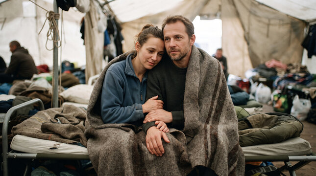 Two Adults Sharing a Blanket in a Temporary Shelter