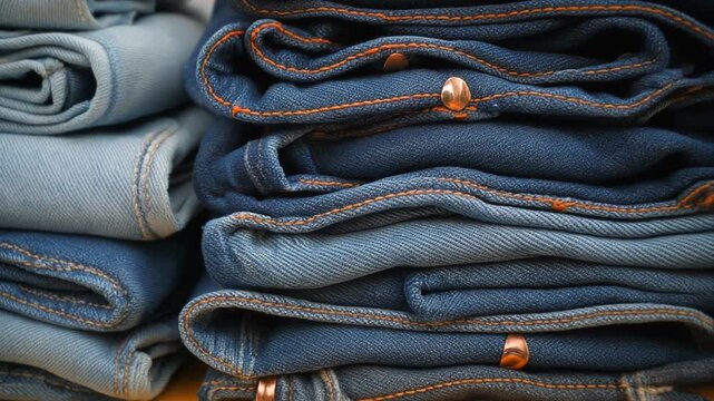 Stack of folded blue jeans in various denim shades
