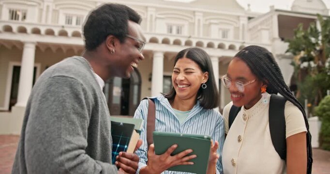 Happy, college and students on tablet outdoor for results, grades and feedback for group project. Online, university and people on tech with good news for studying, education and learning on campus
