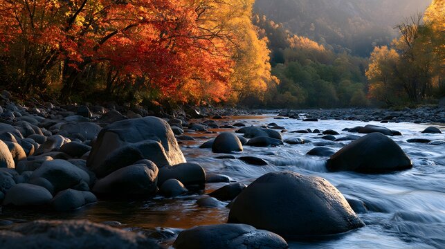 Autumn river flowing through rocky terrain surrounded by vibrant orange and red fall foliage trees