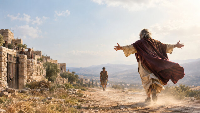 Father running with open arms to welcome his returning son on a dusty road in a biblical village, prodigal son parable illustrating forgiveness and unconditional love.