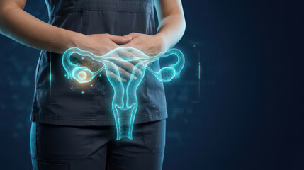 Naklejka na ściany i meble Cancer screening concept with medical professional holding abdomen and glowing female reproductive anatomy, highlighting ovarian disease awareness, diagnosis, prevention, and compassionate