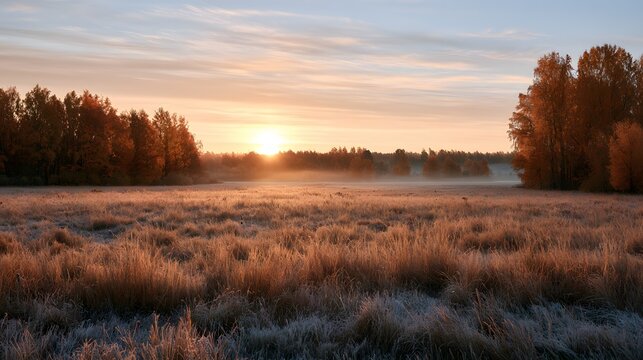Autumn landscape with frosted grass in a field at sunrise against a background of autumn trees and forest