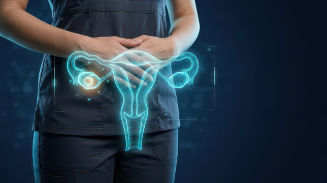 Cancer screening concept with medical professional holding abdomen and glowing female reproductive anatomy, highlighting ovarian disease awareness, diagnosis, prevention, and compassionate
