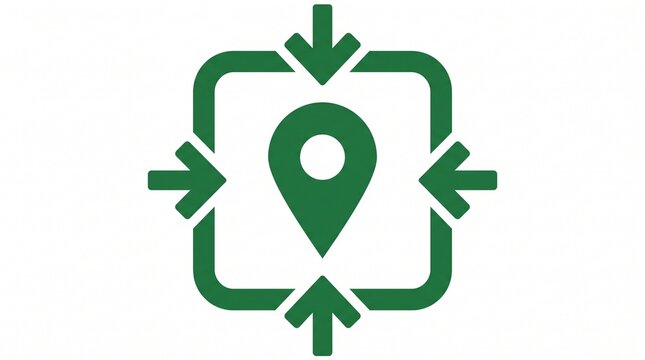Emergency assembly point icon featuring a green location pin surrounded by arrows pointing inward, isolated on a white background for safety signage and wayfinding.