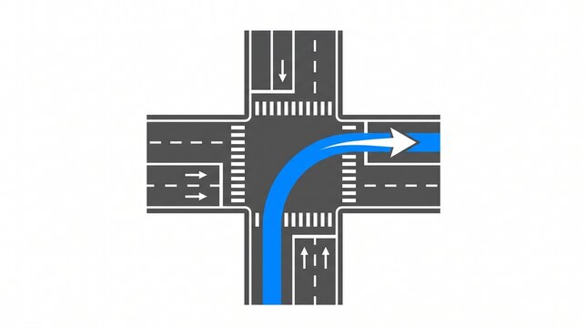 Top view vector illustration of a four-way crossroad intersection with road markings, pedestrian crossings, lane arrows, and a blue navigation route turning right.