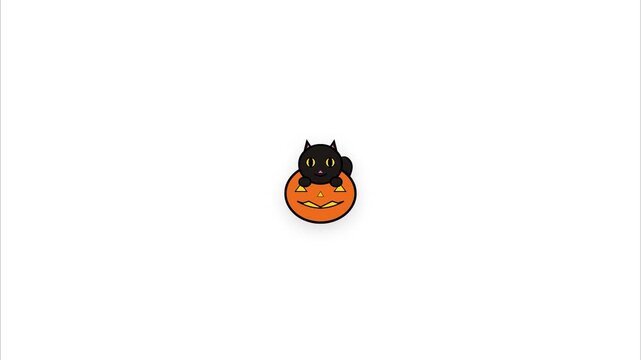 Cute black cat in pumpkin jack-o-lantern kawaii cartoon flat design halloween pattern for seasonal holiday decoration backdrop and festive wrapping paper