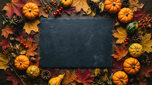 Autumn harvest scene with pumpkins colorful leaves and a blank slate background