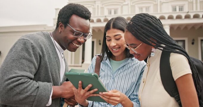 Talking, college and students on tablet outdoor for results, grades and feedback for group project. Happy, university and people on tech with good news for studying, education and learning on campus