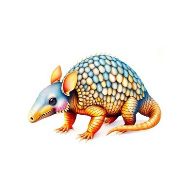 Armadillo watercolor illustration with textured scales and curly tail, isolated, background