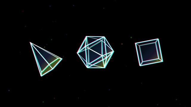 Procedural chromatic glass polyhedrons with glowing magenta paths creating a futuristic abstract motion loop on a dark background