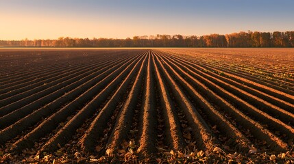 Obraz premium Freshly ploughed farm field with neat rows stretching to the horizon at sunset