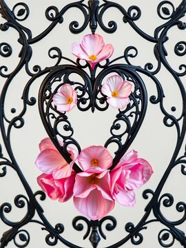 Elegant black heart-shaped floral ornament with delicate petals and intricate details, ||black, interior design
