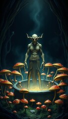 Fototapeta premium Tall, warty figure standing amidst a cauldron-filled circle of mushrooms, surrounded by darkness, cauldron, mysterious